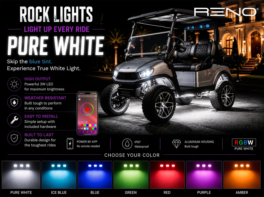 RENO Color + Pure White LED Golf Cart Rock Light Kit